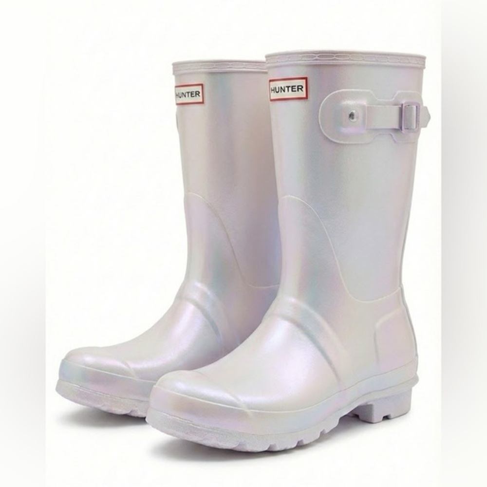 Hunter Original Short Iridescent White Rain Boots Womens Size 6 Waterproof